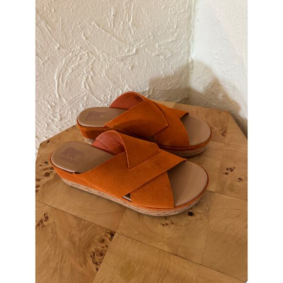 SOREL Cameron Flatform Orange Mule Wedge Sandals Size 9 - Picture 3 of 8